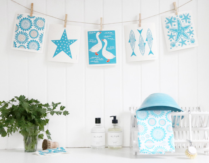 Turquoise sunflower patterned Scandinavian linen cotton kitchen towel by Jangneus