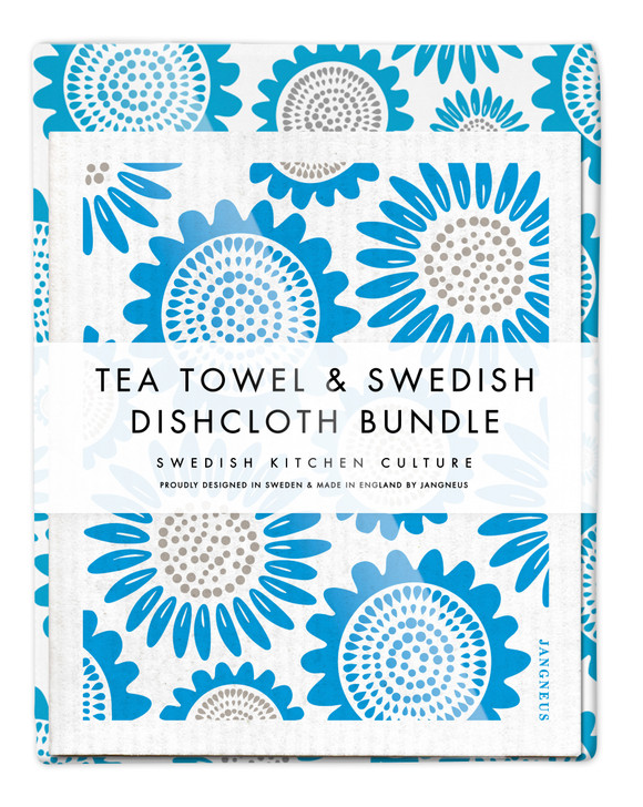 Sunflower Tea Towel & 2 Sunflower Dishcloths Bundle – Turquoise