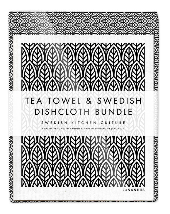 Leaves Tea Towel & 2 Leaves Dishcloths Bundle – Black