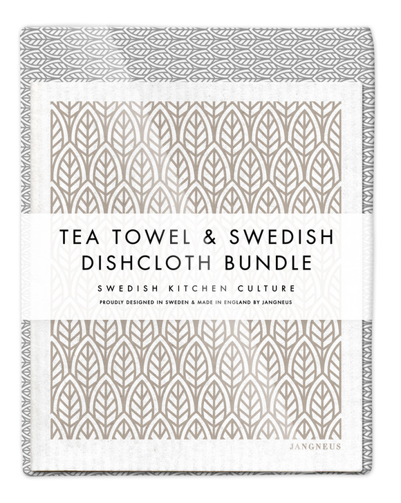 Leaves Tea Towel & Dishcloth Bundle Grey