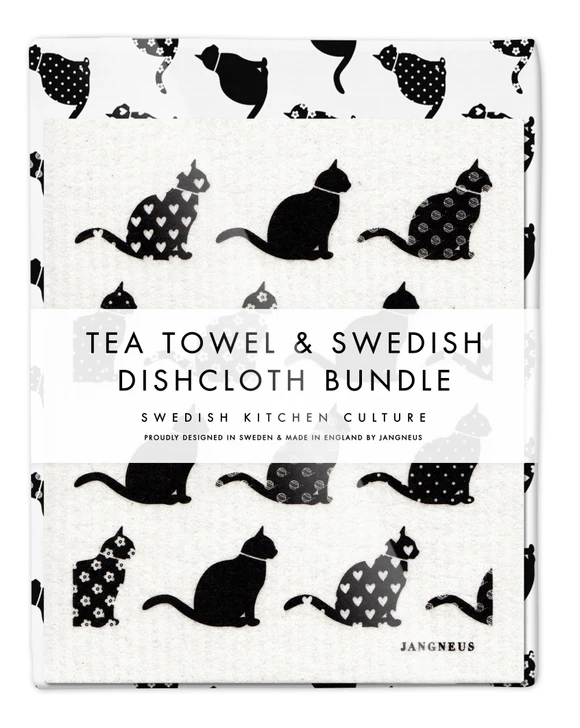 Kitchen Set — Cats Black | 1 Tea Towel + 2 Dishcloths