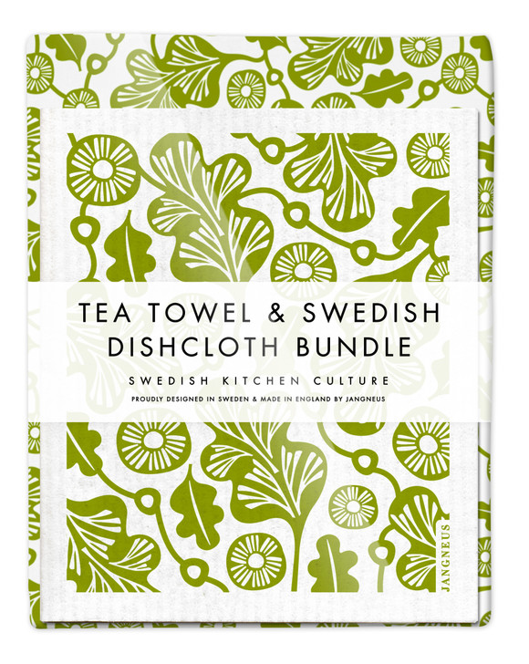 Oak Leaves Tea Towel & 2 Oak Leaves Dishcloths Bundle – Green