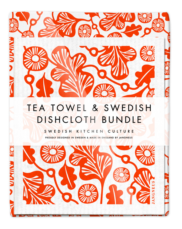 Oak Leaf Tea Towel & 2 Oak Leaf  Dishcloths Bundle – Orange