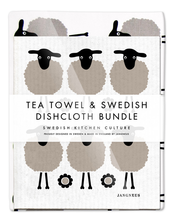 Sheep Tea Towel & 2 Mini Sheep Dishcloths Bundle – Black