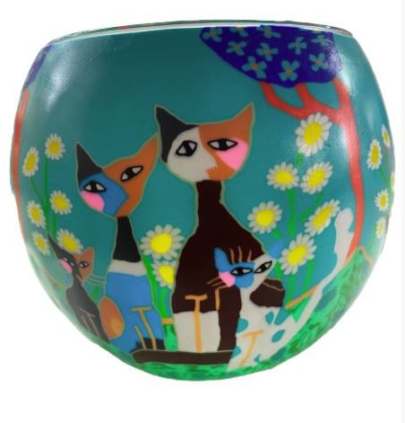 Glass Illusion Votive ' Three Floral Cats' #80