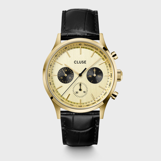 CLUSE Mens Antheor Multifunction Gold Black Leather Watch CW21005