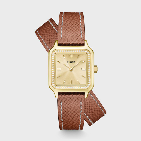 Gracieuse Petite Double Strap Nutsell Leather/Gold Stones Watch