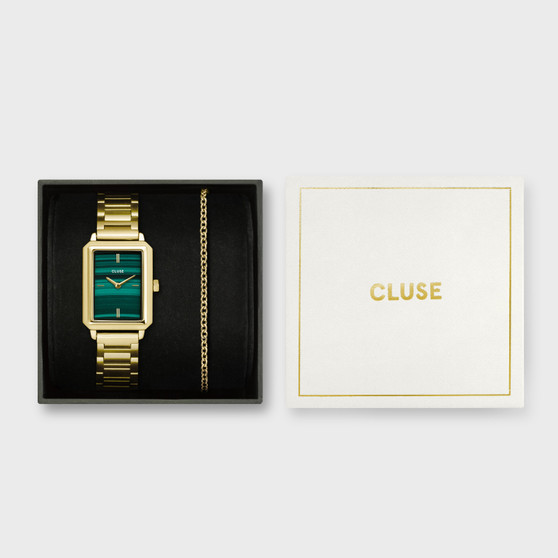 Cluse Fluette Green Gold Watch & Round Chain Bracelet Gift Set CG11506