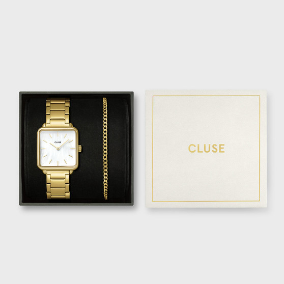 Cluse La Tetragone White Pearl Watch & Curb Chain Bracelet Gift Set CG10327