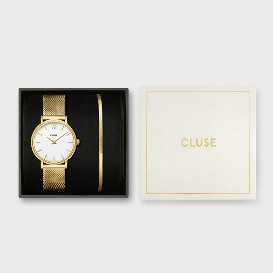 Cluse Minuit Gold Mesh Watch & Flat Snake Bracelet Gift Set CG10215