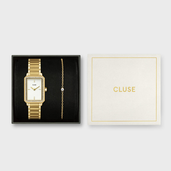 Cluse Fluette White Gold Stones Watch & Zirconia Bracelet Gift Set CG11508