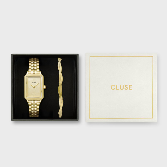 Cluse Fluette Watch Steel, Sand Texture & Twisted Snake Bracelet, Gold Colour Gift Set CG11509