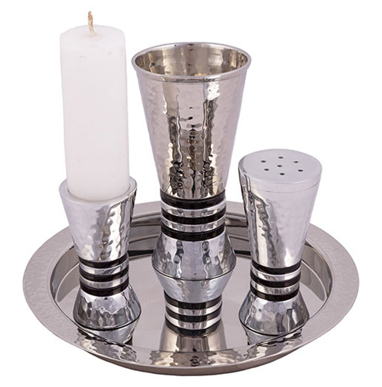 Shabbat Havdalah Set - Hammered Aluminum & Black Stripes