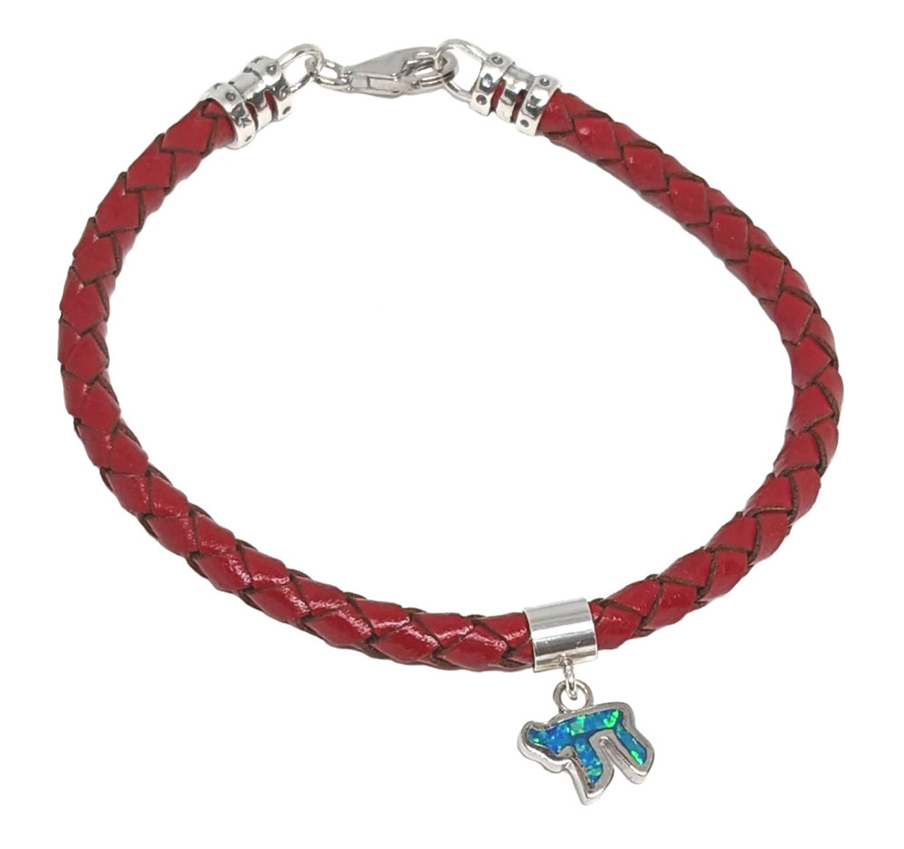 Red Leather Bracelet with Silver & Opal Chai Pendant