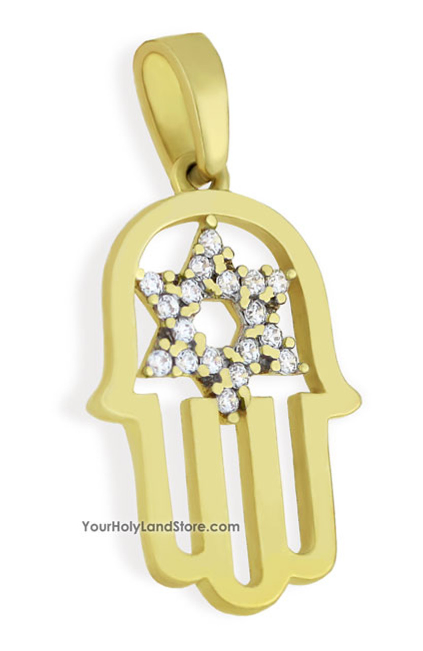 Yellow Gold Hamsa Star of David Pendant Filigree