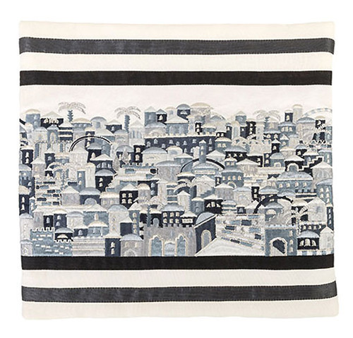 Embroidered Tallit Bag - Jerusalem in Black and Gray