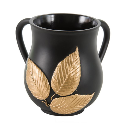 Hands Washing Cup - Black with Gold Leaves 