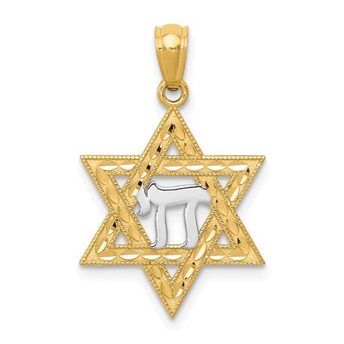 14K Gold Star of David with Chai Pendant - Diamond Cut Texture