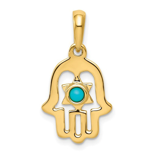 10K Yellow Gold Hamsa & Star of David Pendant - Turquoise Gemstone