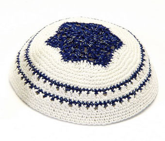 Blue and White Knitted Kippah