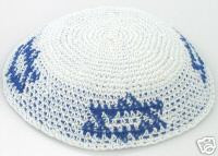White Knitted Kippah with Blue Stars of David
