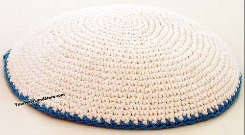 White Kippah With Blue Trimming