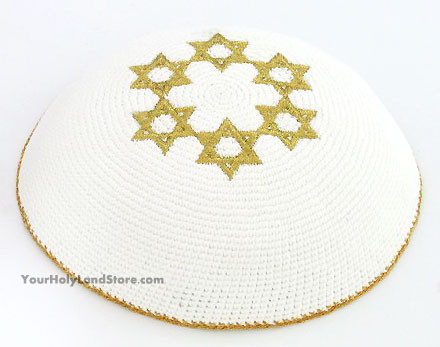 Knitted White Kippah with Golden Stars of David