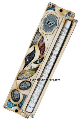 WOOD MEZUZAH WITH PROTECTION HAMESH HAND