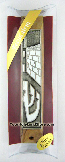 Olive Wood Jerusalem Mezuzah Case with Scroll