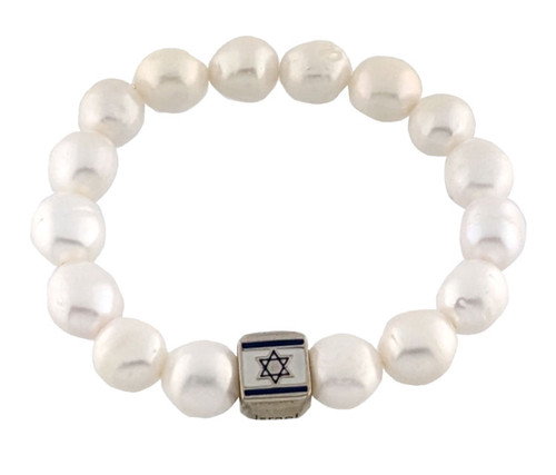 White Freshwater Pearls Bracelet with Sterling Silver Flag of Israel