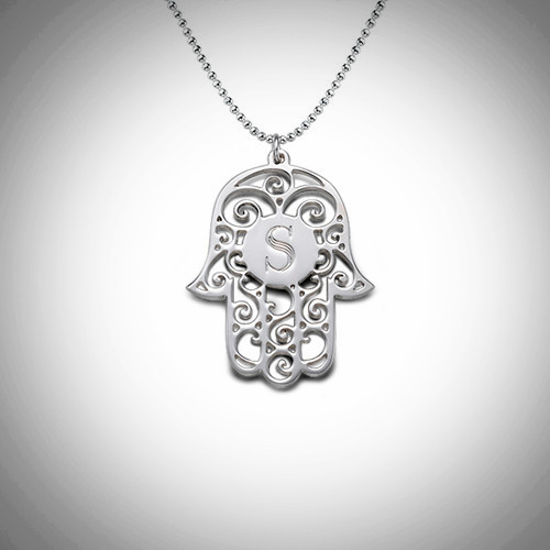 Personalized Initial Silver Hamsa Necklace