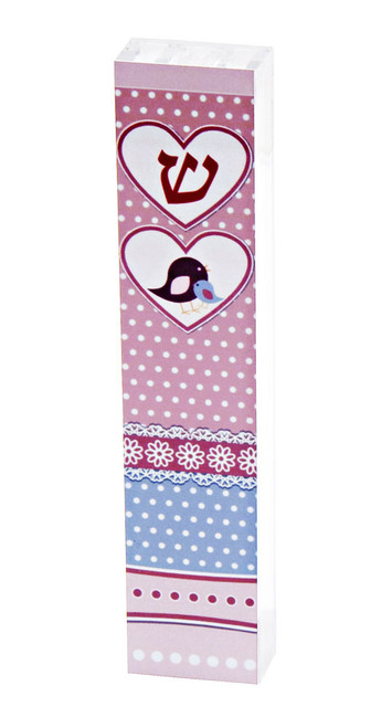 Pink Children's Mezuzah Case - Birds & Hearts