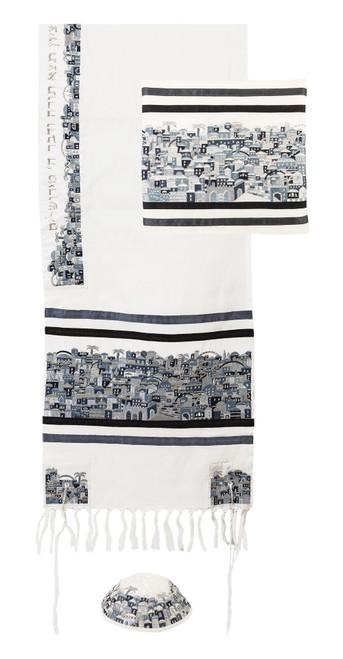 Embroidered Tallit Set - Jerusalem in Black and Gray