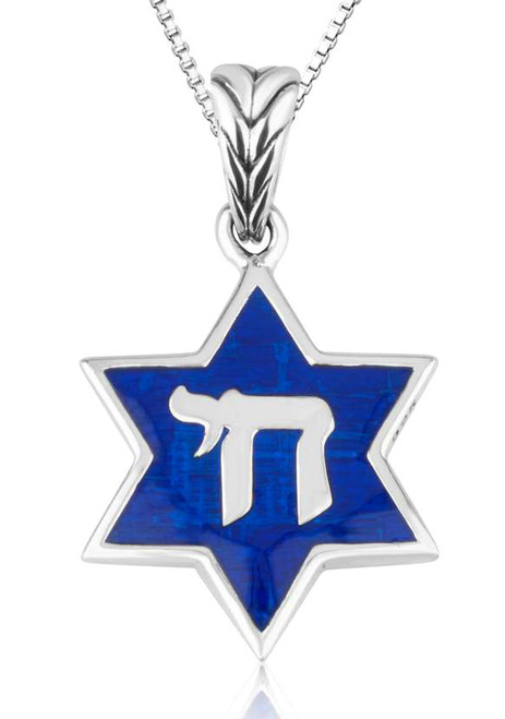 Sterling Silver & Blue Enamel Star of David with Chai Necklace