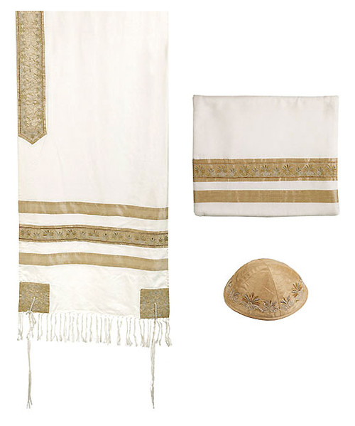 Embroidered Tallit Set with Gold Stripes