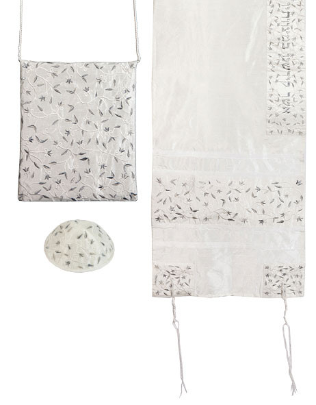 Women's Tallit Set - Embroidered Silver Flowers and Leaves