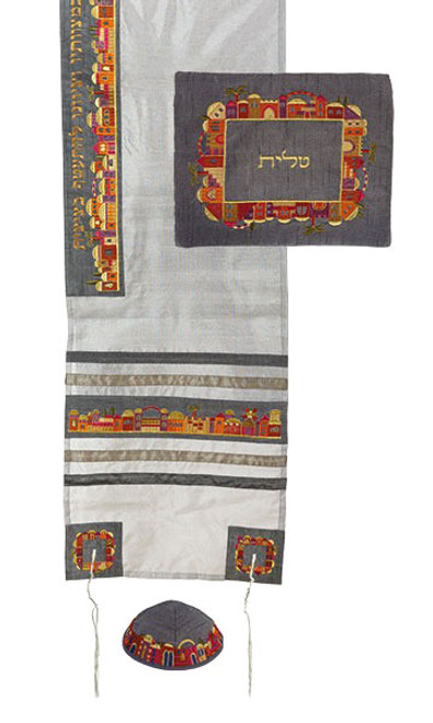 Embroidered Jerusalem Tallit Set - Gray