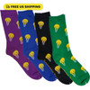 Brainstormer Trivia light-bulb socks: four pairs in purple, blue, black, and green, with yellow light bulbs