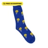 Royal blue crew sock with yellow light bulbs and the Brainstormer Trivia name stitched on the sole