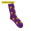 Purple crew sock with yellow light bulbs and the Brainstormer Trivia name stitched on the sole
