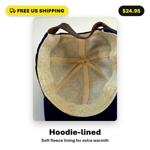 Inside of the navy Brainstormer Trivia cap, showing the soft hoodie-style lining for extra warmth