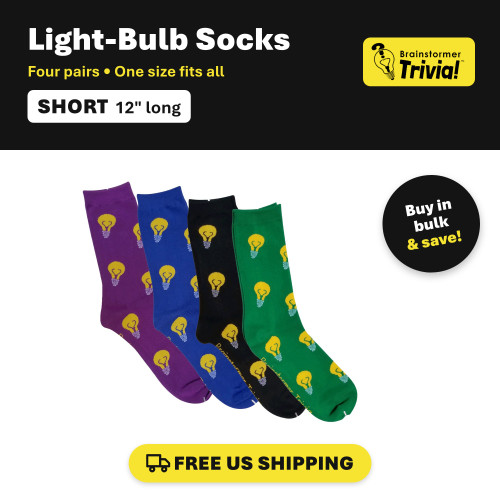 Brainstormer Trivia light-bulb socks (short): four pairs in purple, blue, black, and green, with yellow light bulbs