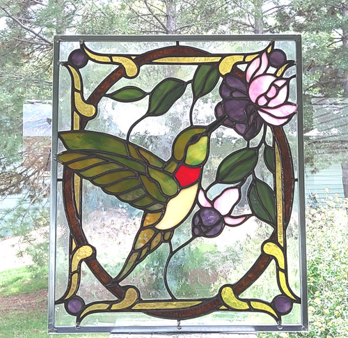 Ruby Throated Hummingbird 'n Fuschias Stained Glass Panel Ruby Throated Hummingbird 'n Fuschias Stained Glass Panel
