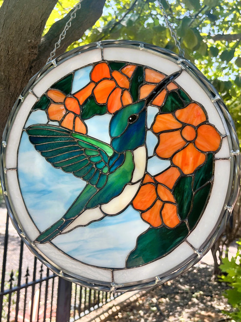 stained glass hummingbird with trumpet vine panel