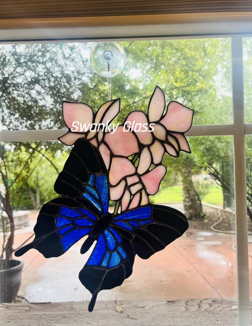 stained glass morpho butterfly with orchid suncatcher