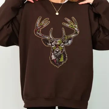 Camo Deer Hunting Sequins Patch Sweatshirt XL