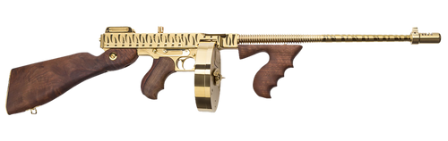 Thompson T150DTGTS 1927A-1 Deluxe 45 ACP Caliber with 16.50" Barrel, 20+1 Capacity (Stick), 50+1 Capacity (Drum), Gold w/Tiger Stripe Metal Finish, American Walnut Stock Wood Grip Right Hand          