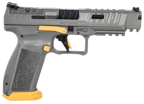 Canik HG6610TN SFx Rival Full Size 9mm Luger 18+1, 5" Black Steel Barrel, Rival Gray Ported/Serrated Slide, Rival Gray w/Gold Accents Polymer Frame w/Beavertail & Picatinny Rail, Ambidextrous         