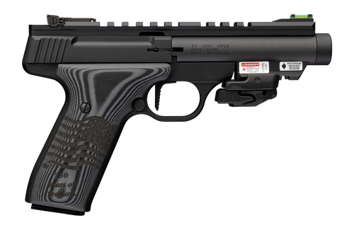 Browning 051612490 Buck Mark Black Label 250 SR 22 LR 10+1 4.40" Matte Black Threaded Bull Barrel, Matte Black Aluminum Frame w/Picatinny Rail Top & Bottom, Black G10 Grip w/ Inscribed Waving Flag, Cr