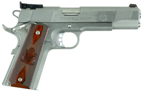 Springfield Armory PI9134LCA 1911 Loaded Target *CA Complaint 9mm Luger 9+1, 5" Stainless Match Grade  Barrel, Serrated Slide & Frame w/Beavertail, Crossed Cannon Cocobolo Grip                        